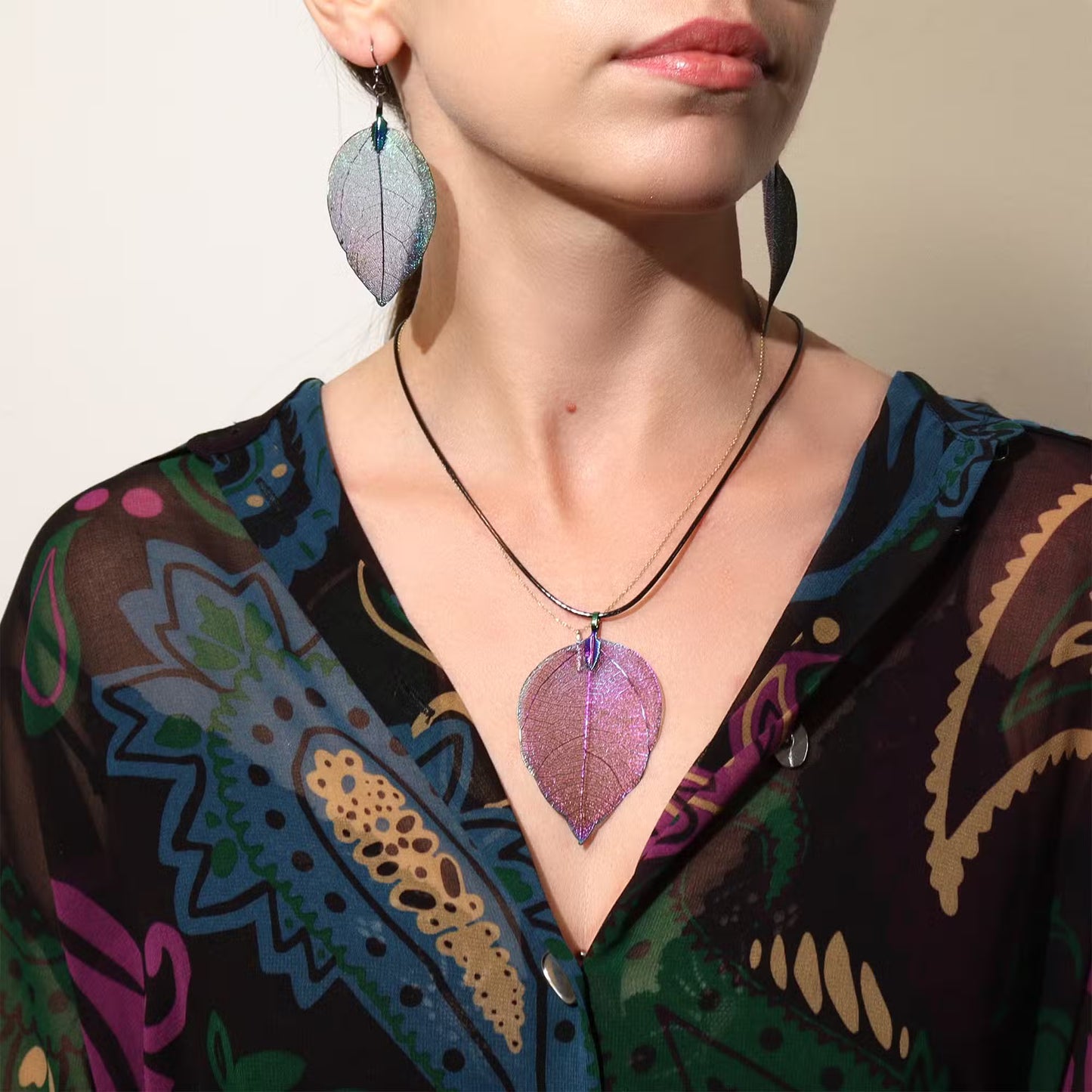 Aurora Electro-Plated Real Leaf Necklace – Multicoloured, Nature-Inspired Pendant