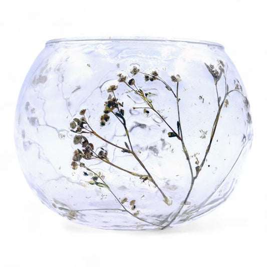 Natural Floral Glass – Recycled Glass Bowl Candle Holder with Real Blossoms – Spring Blossom