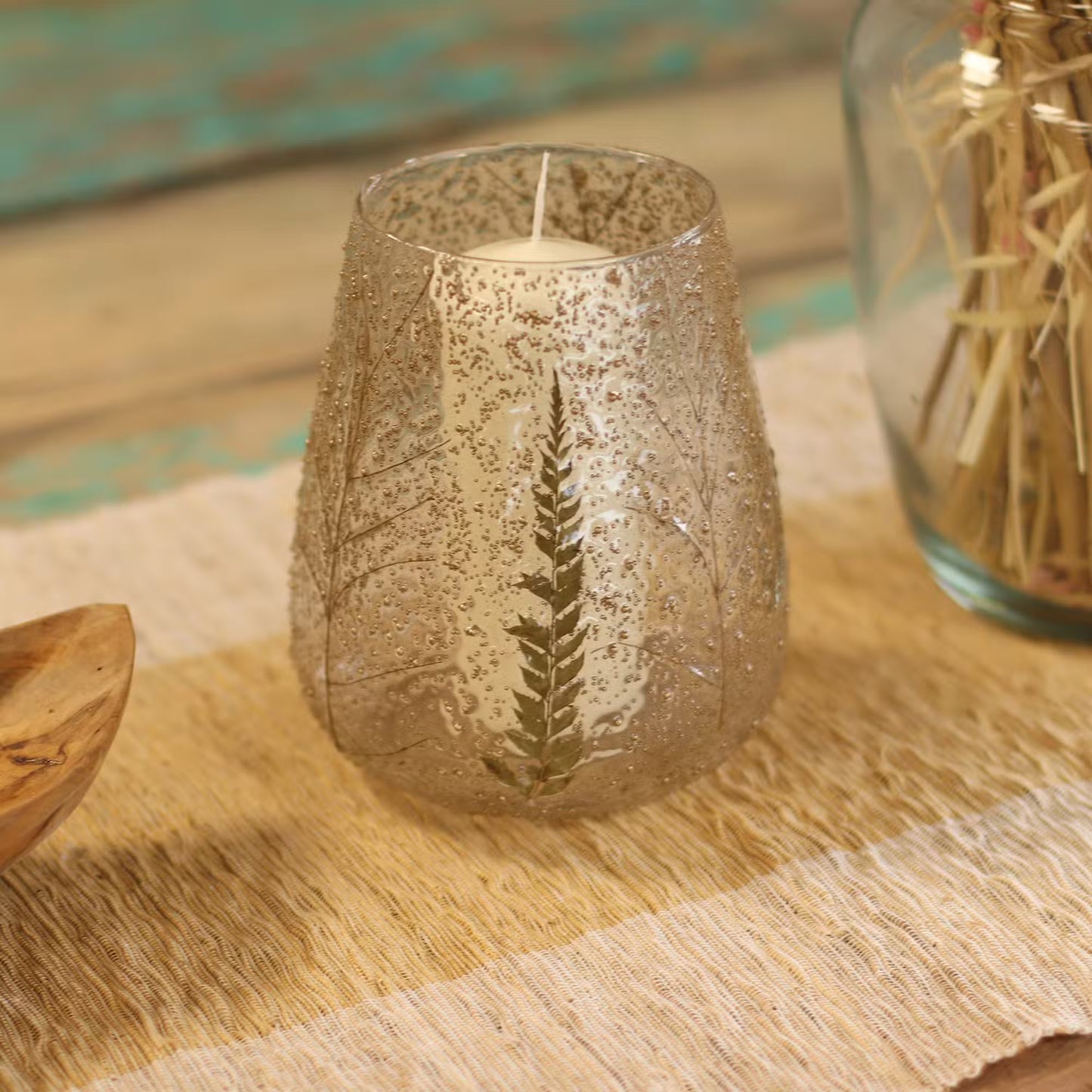 Natural Floral Glass – Recycled Glass Large Bowl Candle Holder with Real Ferns – Woodland Glow