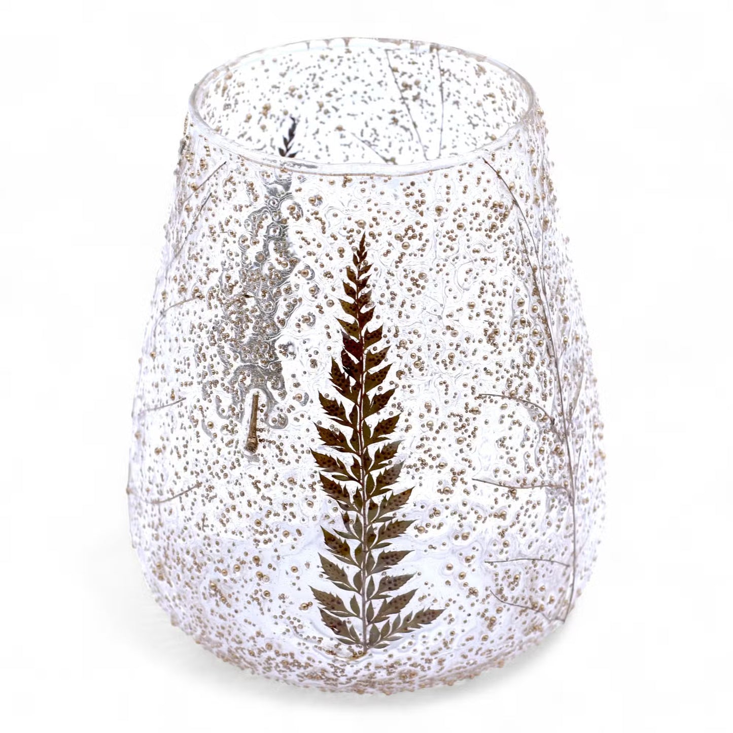 Natural Floral Glass – Recycled Glass Large Bowl Candle Holder with Real Ferns – Woodland Glow