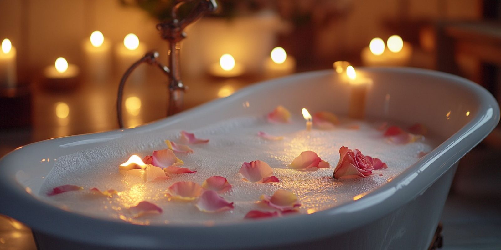 Bath tub filled with water, bubbles, and rose petals with candles in the background
