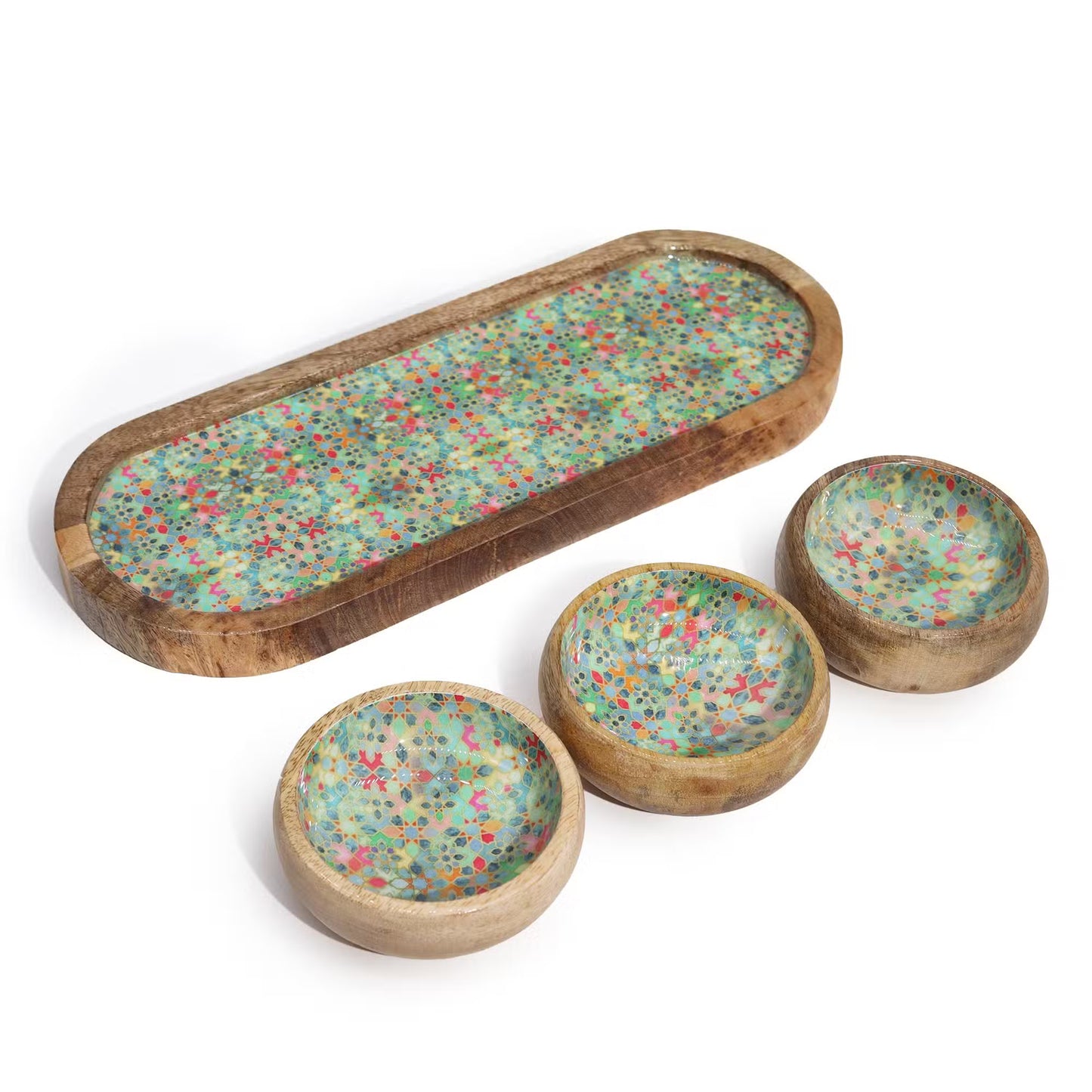 Handcrafted Mango Wood Tray with 3 Bowls – Mediterranean Tile Pattern